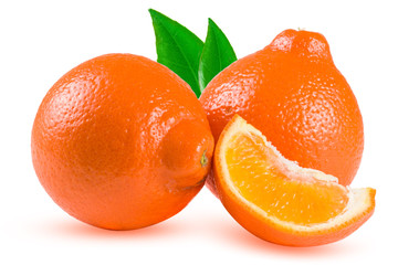 two orange tangerine or Mineola with slice and leaf isolated on white background