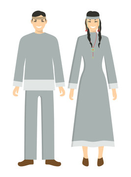 Isolated chukchi couple on white background. Man and woman in national clothes.