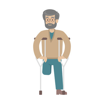 Isolated disabled man on white background. One-legged old man with crutches.