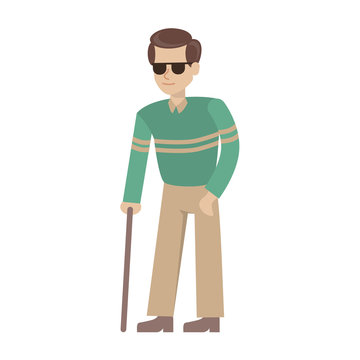 Isolated disabled man on white background. Young handsome blind man in dark glasses with stick.