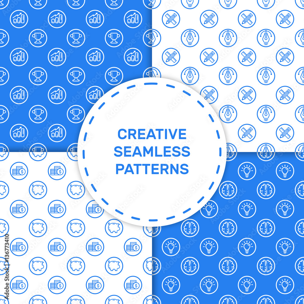 Poster vector illustration of set seamless pattern with blue icons in flat line style.