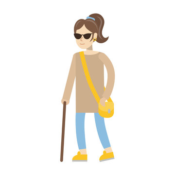 Isolated disabled woman on white background. Young beautiful blind woman in dark glasses with stick.