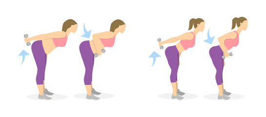 Back exercise for fat women on white background. Crossfit and fitness. Deadlift with weights. From fat to skinny.