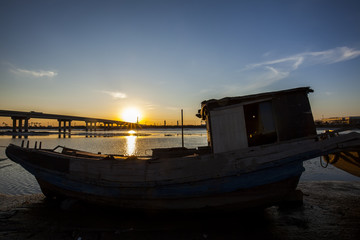 The river fishing boat in the evening