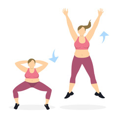 Squats with jumps exercise for legs on white background. Healthy lifestyle. Workout for legs. Exercises for fat women.