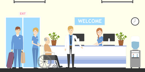 Reception at nursing home. Seniors and helpers. People relax and do hobbies.