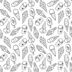 Seamless ice cream pattern, hand-drawn monochrome black and white background, ice-cream vector, ice cream background, EPS 8