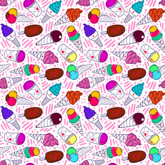 Seamless colorful ice cream pattern, hand-drawn summer background, ice-cream vector, EPS 10
