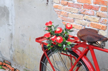 Fototapeta na wymiar flower close up on saddle red bicycle classic vintage