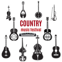 Fototapeta premium Vector set of country music instruments, black and white flat design.