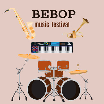 Vector set of bebop jazz music instruments, flat design.