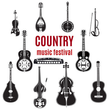 Vector set of country music instruments, black and white flat design.