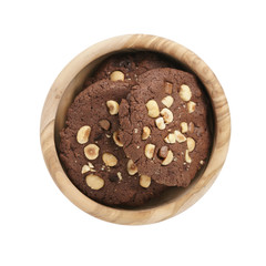 bowl with homemade chocolate cookies with hazelnuts isolated on white background