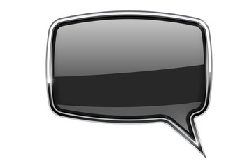 Black speech bubble. Square 3d icon with chrome frame