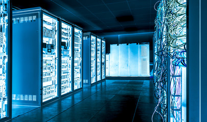 Big datacenter with connected servers and internet cable infrast