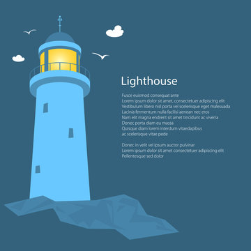 Lighthouse Stands on Rocks and Text, Beacon at Sea, Poster Brochure Flyer Design, Vector Illustration