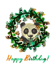 Happy birthday card with cute watercolor panda bear in wreath of leaves and flowers