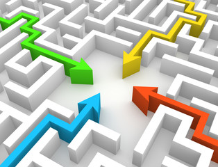 Four arrows meeting in the labyrinth. 3d render.