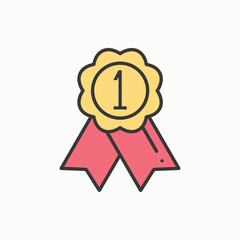 1st place gold medal award with ribbon. Winner line thin icon. First place leadership champion achievement. Vector isolated illustration. Linear flat design. Success symbols. Object. Sign. Badge