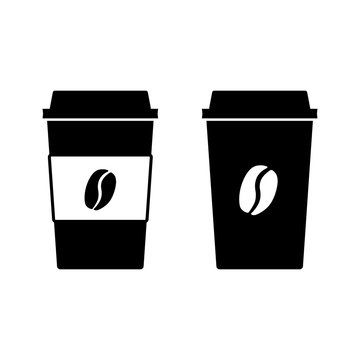 Disposable coffee cup icons. Paper cups with lid and coffee bean sign. Vector Illustration
