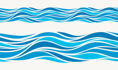Marine seamless pattern with stylized blue waves on a light back