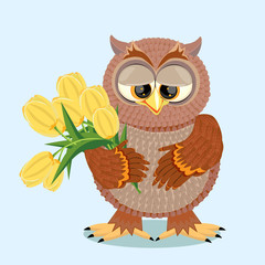 Brown owl with big eyes holding a bouquet of yellow tulips