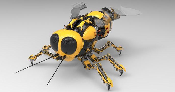 3D Illustration Of A Black And Yellow Mechanical Robot Bee