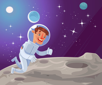 Astronaut character on moon surface. Vector flat cartoon illustration