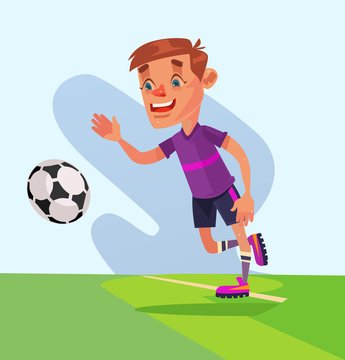Little boy character play football. Vector flat cartoon illustration