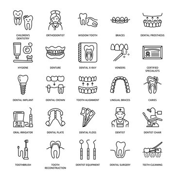 Dentist, orthodontics line icons. Dental care equipment, braces, tooth prosthesis, veneers, floss, caries treatment and other medical elements. Health care thin linear signs for dentistry clinic.
