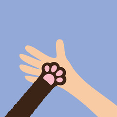 Hand arm holding cat dog paw print leg foot. Close up. Help adopt animal pet donate concept. Friends forever. Veterinarian care. Veterinary vet doctor. Flat. Violet background. Isolated.