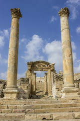 Columns of the cardo maximus, Ancient Roman city of Gerasa modern Jerash, Jordan blue sky