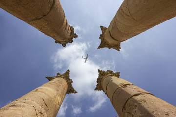 jerash in jordan Columns and airplane