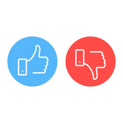Like and dislike icons set. Thumbs up and thumbs down. Modern graphic elements for web banners, web sites, printed materials, infographics. Vector round thin line icons isolated on white background