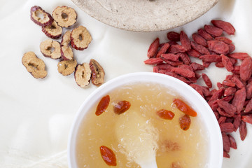 Top view of Asian style edible bird's nest wolfberry porridge