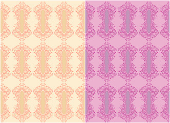 Violet and orange collection ornamental seamless patterns for making damask wallpapers and textile print. Vintage style. Vector illustration.