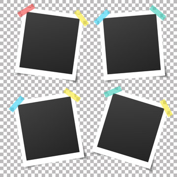 Collection of vintage vector template photo frames with adhesive tape. Mockup photo frame set Isolated on transparent background. Design for your photography and picture. Vector retro Illustration.