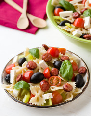 farfalle salad on white table