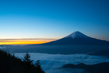 Morning glory Mt.Fuji and sea of clous at Shinmichi-mountain pass,Yamanashi,tourism of Japan