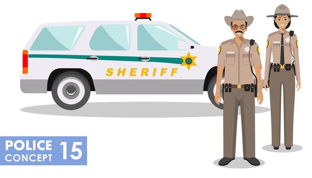 Policeman concept. Detailed illustration of american policeman and policewoman standing together near the police car in flat style on white background. Vector illustration.