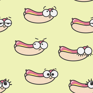 Vector seamless pattern with hot dogs. Emotions. Emotional fast food.