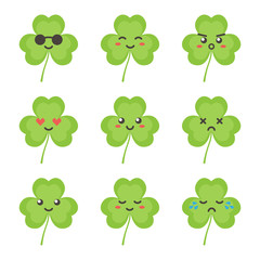 Naklejka premium Cute flat design clover, shamrock leaf character with different facial expressions, emotions. Set, collection of emoji isolated on white background.