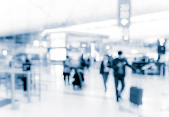 Abstract blur airport interior for background at Hong Kong with blue tone