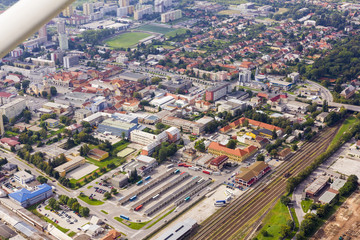 Aerial view of Topolcany, Slovakia, Slovak city Topolcany from plane