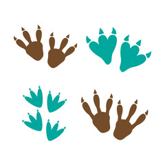 Fototapeta premium Dinosaur footprint tracks vector set illustration. Dinosaur foot