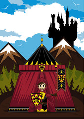 Cute Cartoon Crusader Knight outside a Marquee Tent