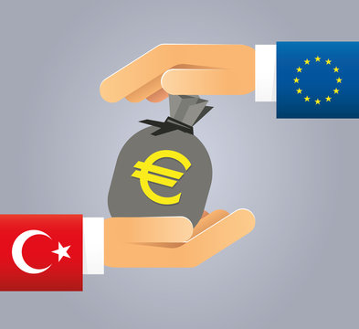 Illustration Deal EU Türkei mit Händen mit Geldsack voll Euros