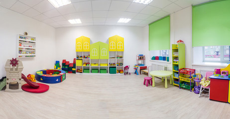 A large game room in the kindergarten. Wide Panoramic Picture.