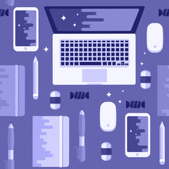 Office and computer vector seamless flat pattern. Stationary with laptop smartphone. Hipster work purple desk 