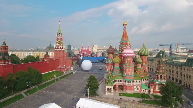 Russia Moscow aerial cityscape  Red Square St. Basil's Cathedral and Kremlin.
